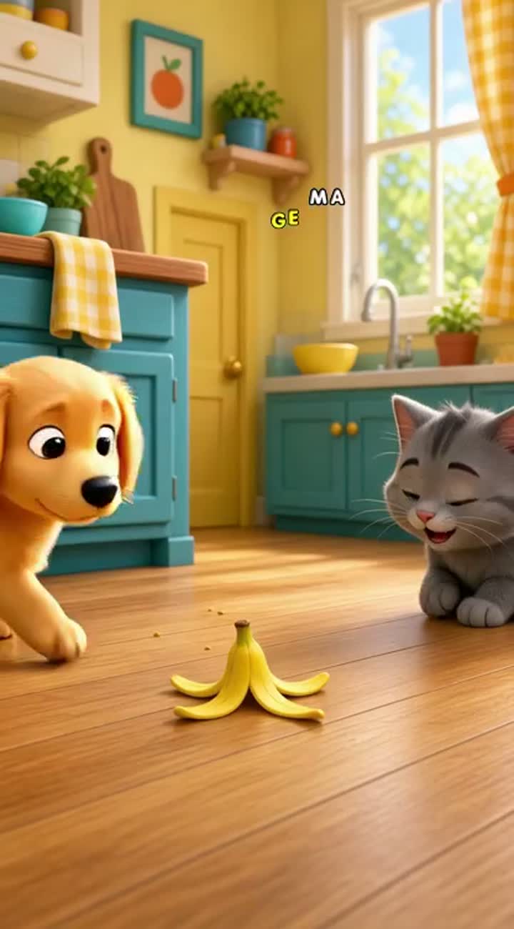 A cute golden puppy walks into a sunny kitchen and spots a banana… — AI cartoon