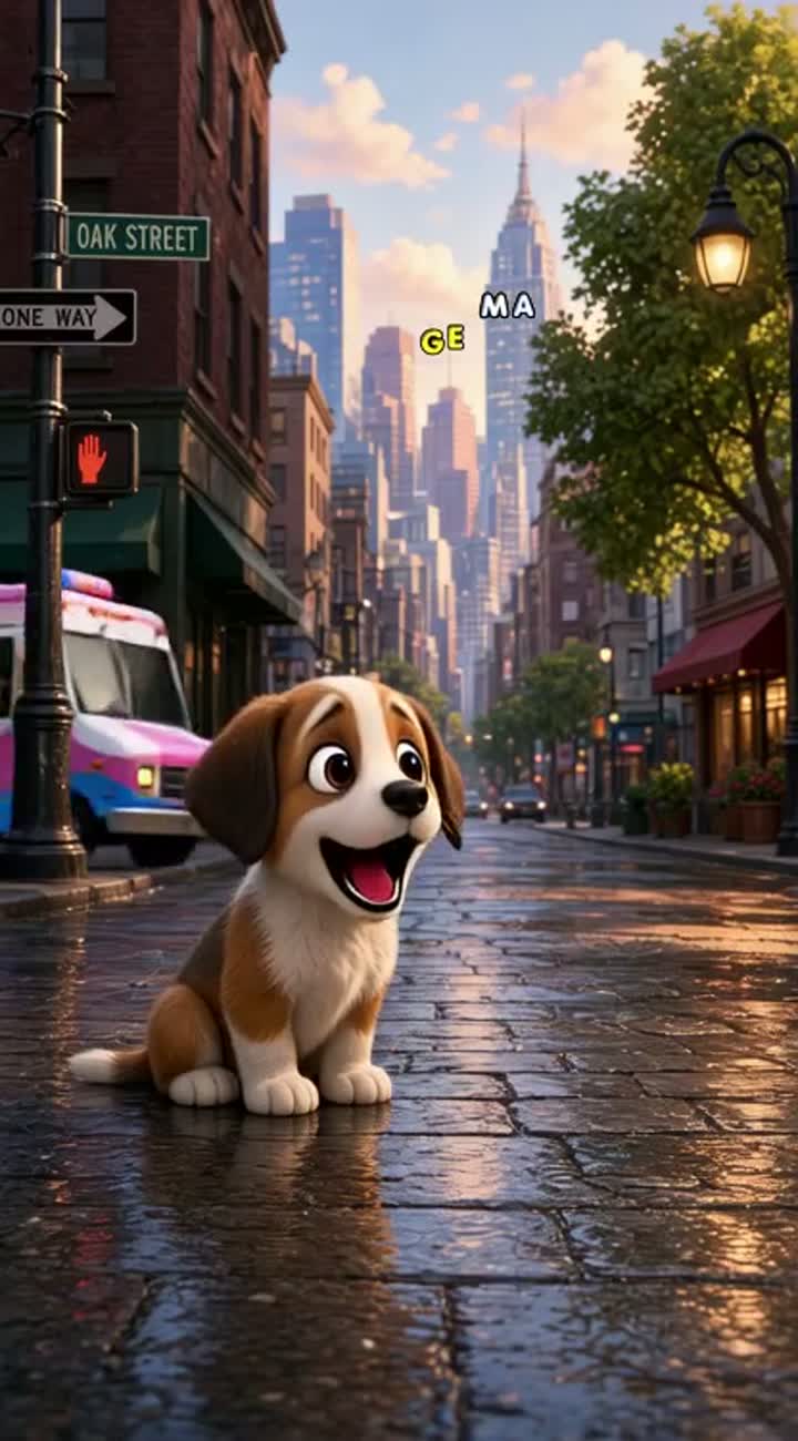 A puppy who loses his way in the big city… — AI cartoon