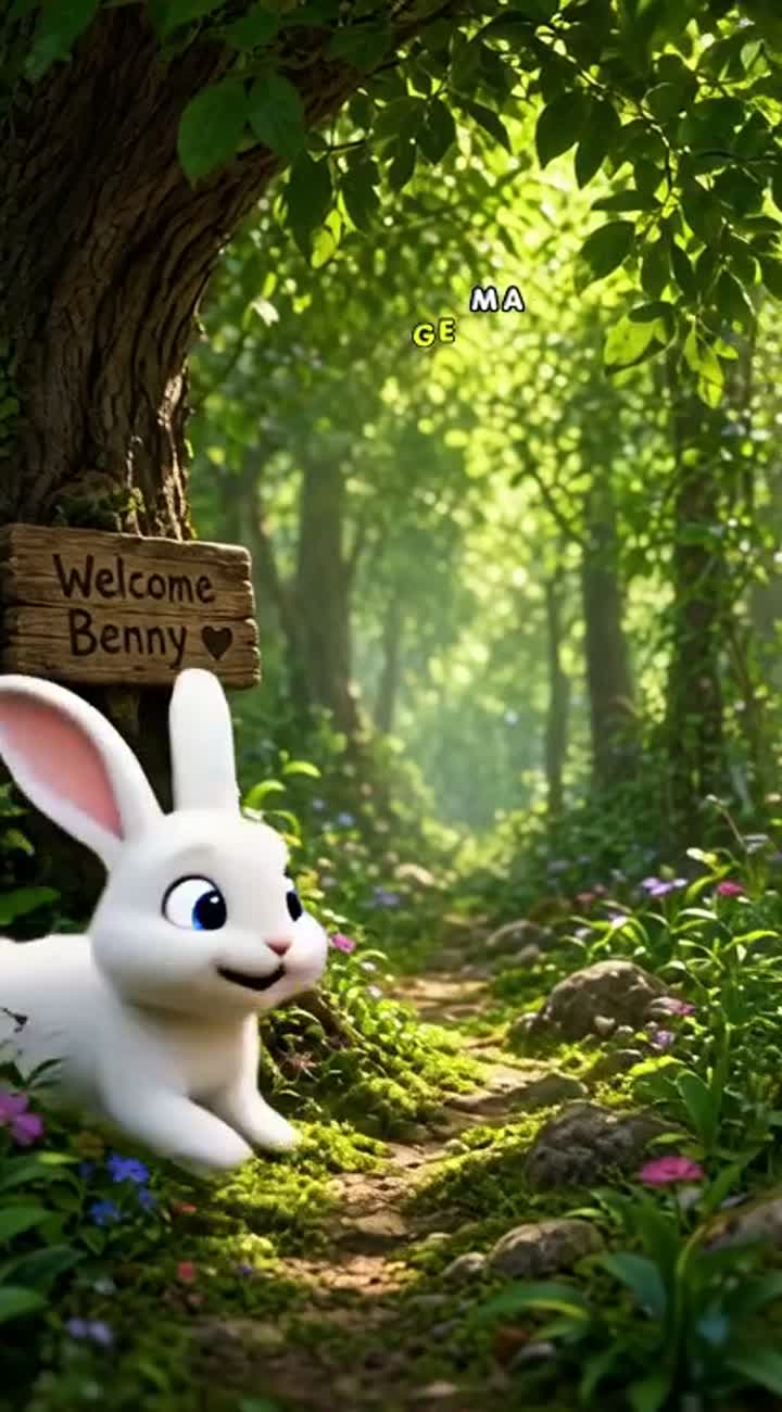 A cute little white rabbit named Benny saves a tiny baby bird… — AI cartoon