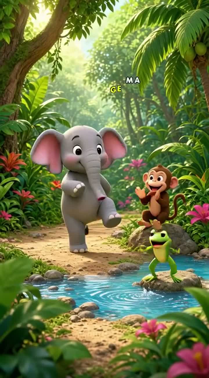 A cute, friendly baby elephant with big floppy ears dances happily… — AI cartoon