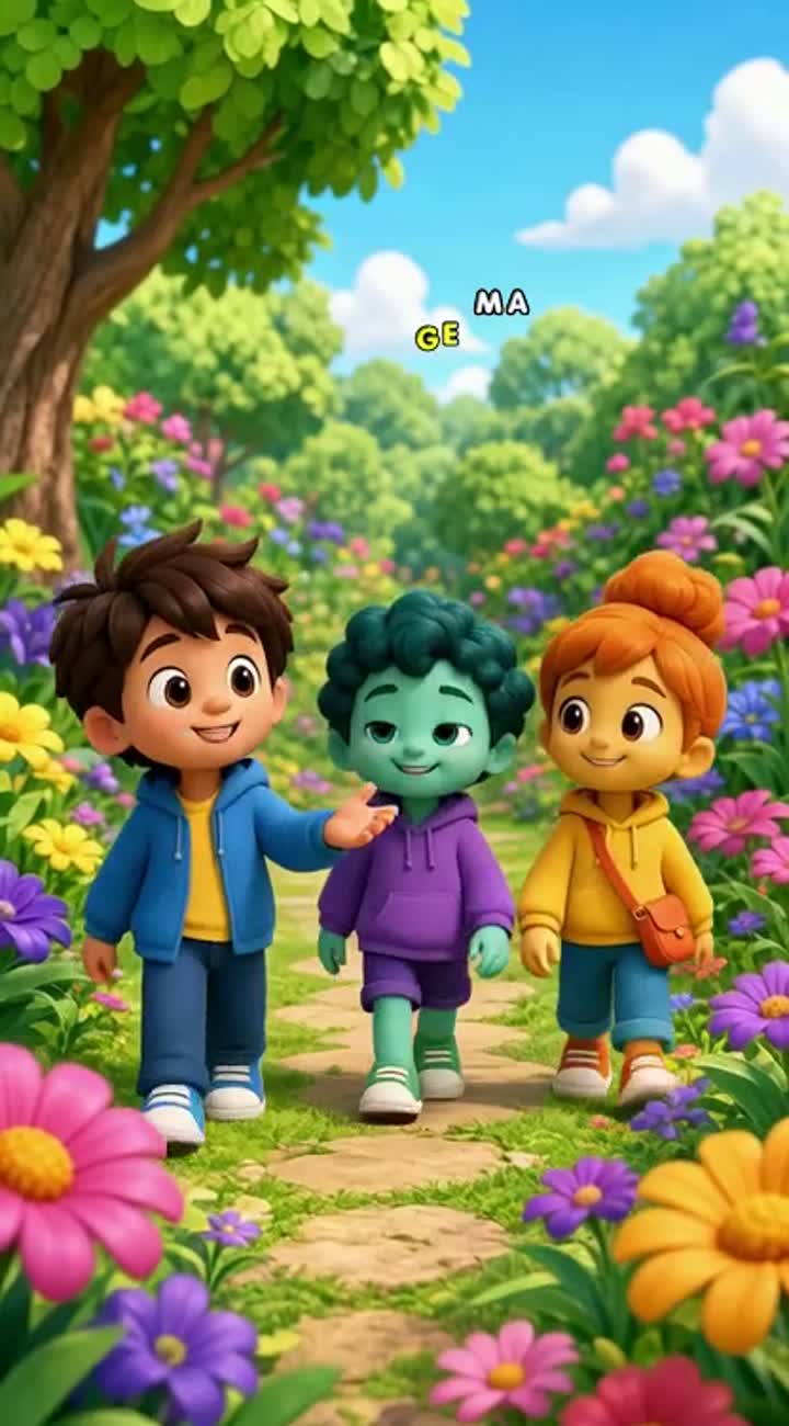 Aven, Omiro, and Suno are walking in a colorful garden — AI cartoon