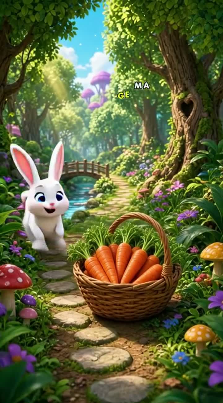 A cute white rabbit and a funny brown bear in a magical forest — AI cartoon