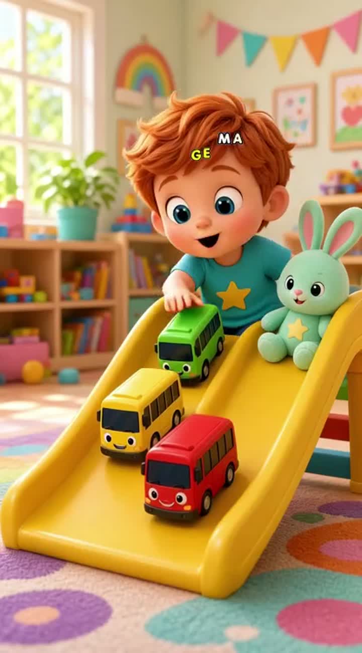 Cute 3D animated toddler boy with orange hair, big blue eyes… — AI cartoon