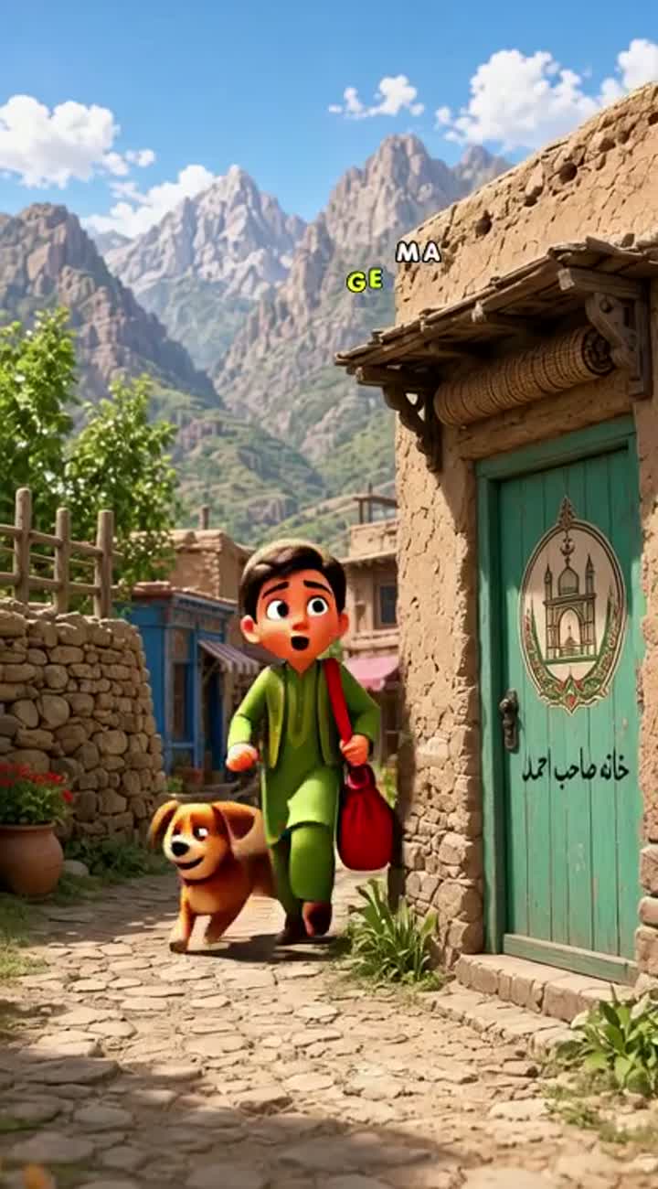 Ahmad, a 12-year-old Afghan boy in green traditional clothes… — AI cartoon