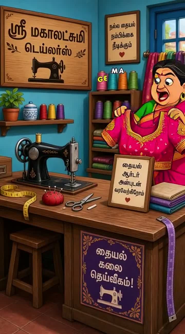 A funny Indian auntie brings a heavy Aari embroidery blouse… — AI cartoon