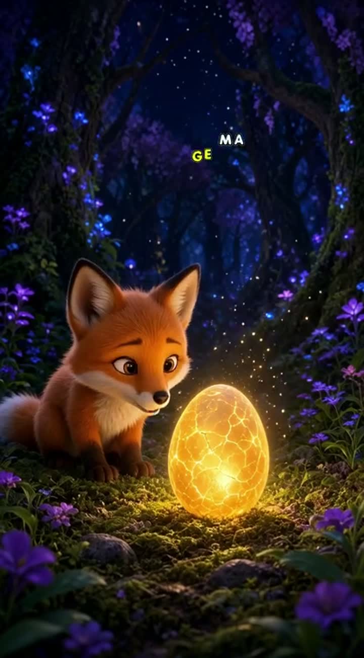 A cute little orange fox discovers a mysterious glowing golden egg… — AI cartoon