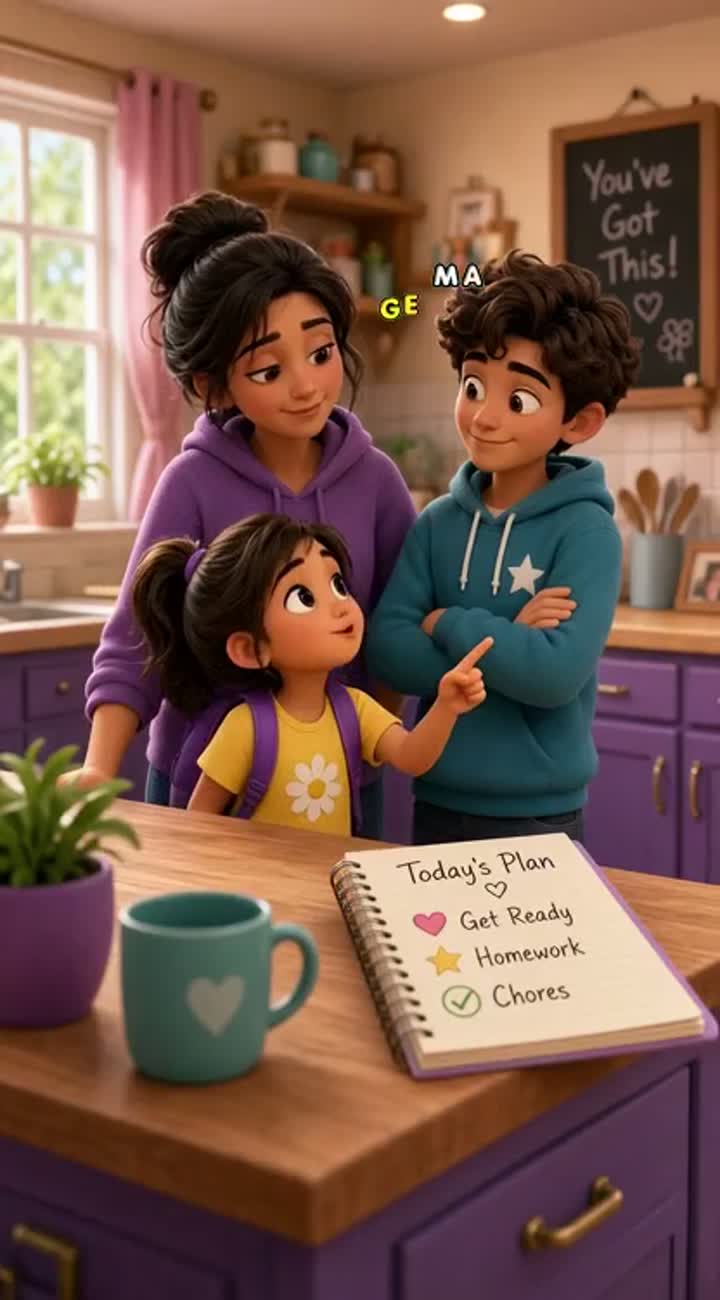 A loving but tired mom, a playful 7-year-old… — AI cartoon