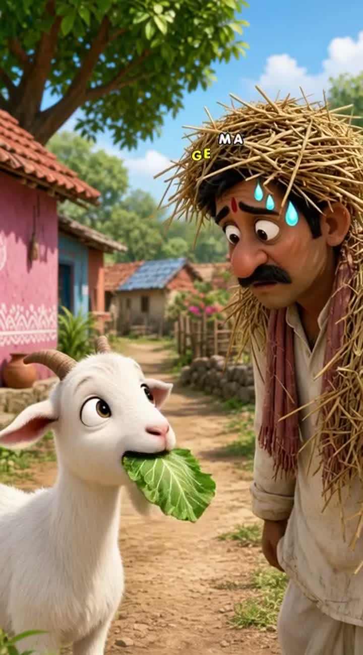 A single continuous shot in a vibrant, colorful Indian village… — AI cartoon