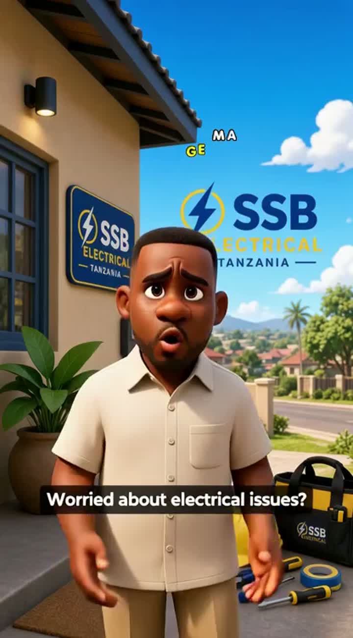 Professional 3D cartoon advertisement for SSB Electrical Tanzania — AI cartoon