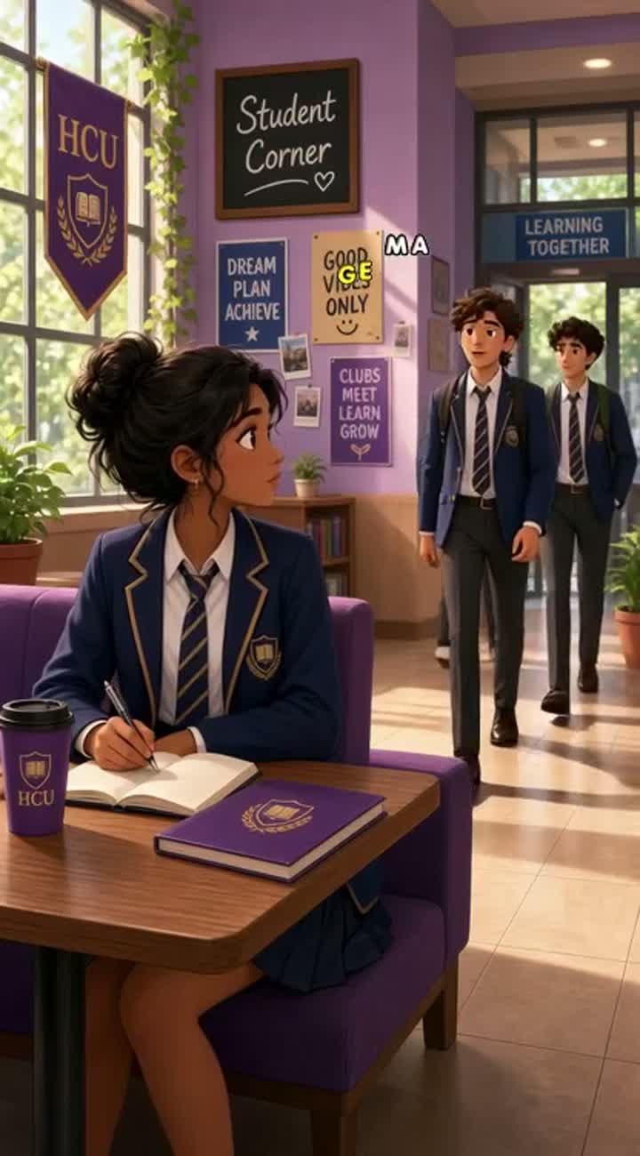 A girl sit in her college in college uniform in a student corner — AI cartoon