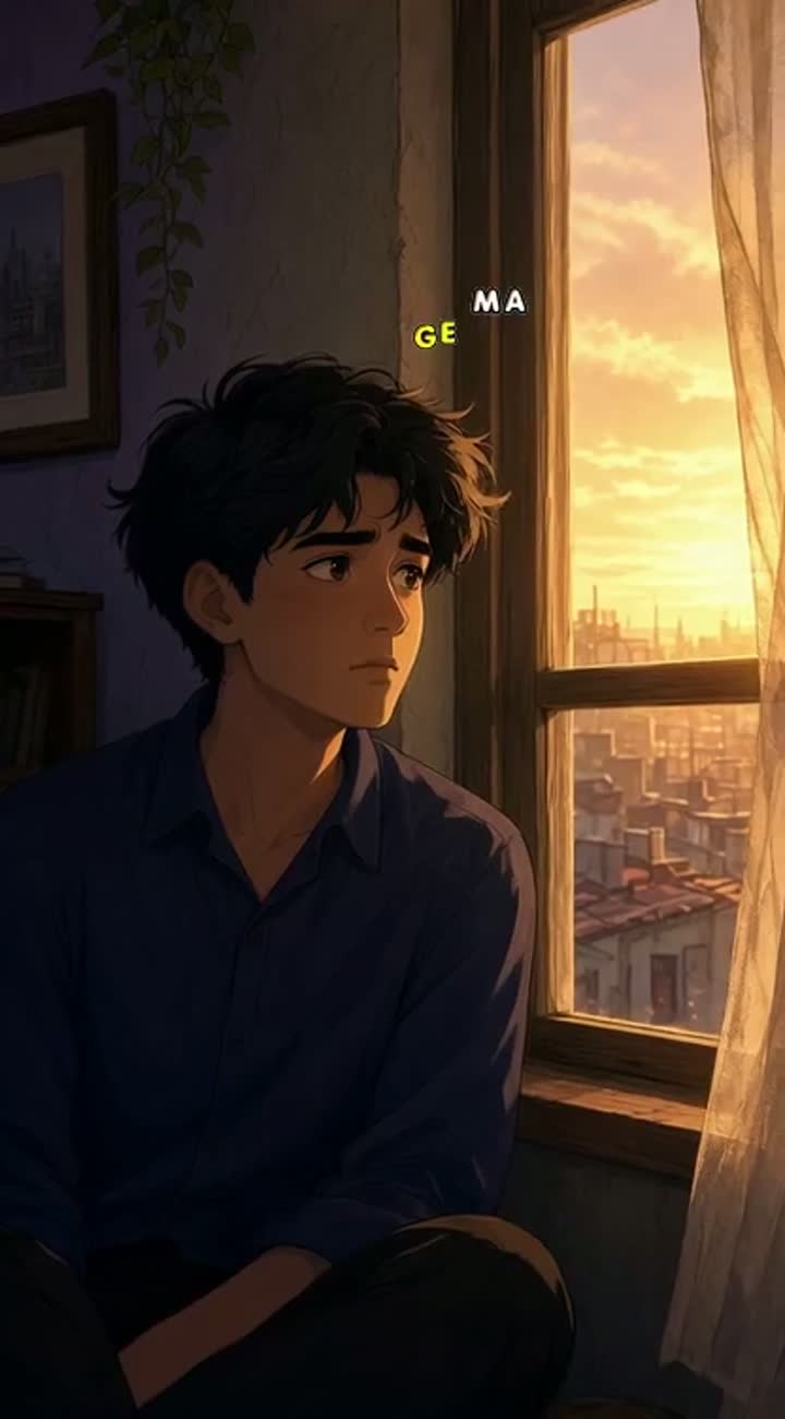 Young adult man, black hair, expressive dark eyes… — AI cartoon