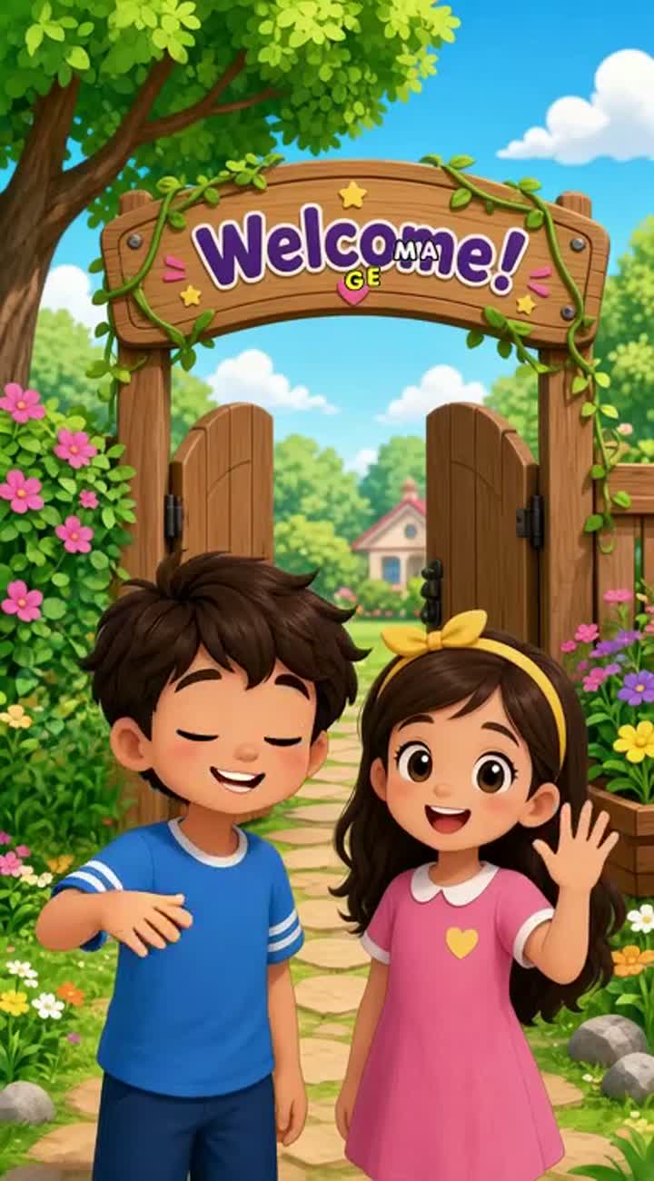 Two kids welcoming the audience who are we saying that in this… — AI cartoon