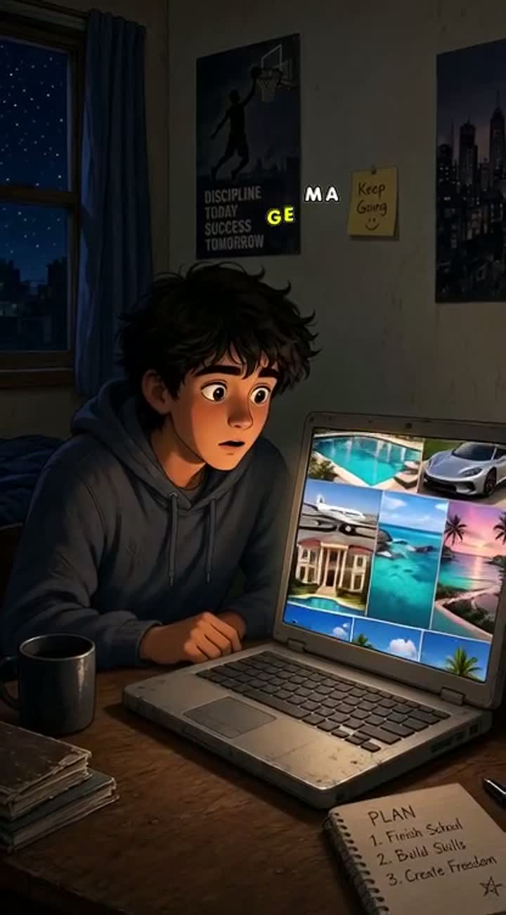 A single continuous shot in Daniel's tiny bedroom at night — AI cartoon