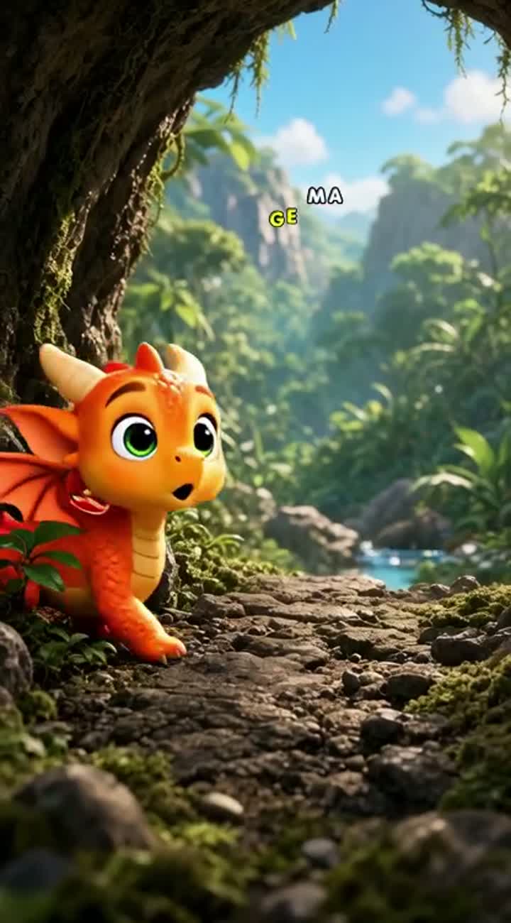 A cute tiny orange baby dragon with oversized emerald-green eyes… — AI cartoon