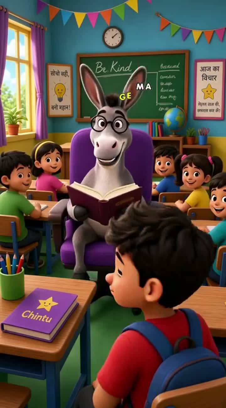 One day, Chintu arrives at school and is surprised to see a donkey… — AI cartoon