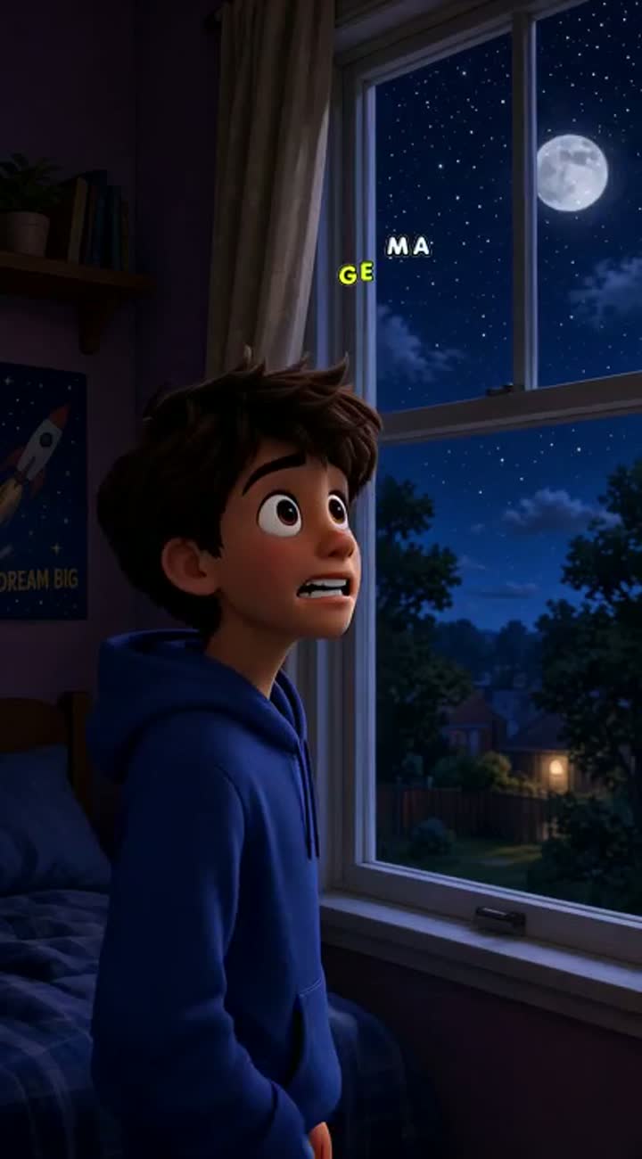 At night, Milo, a 12-year-old boy with messy brown hair and a blue… — AI cartoon