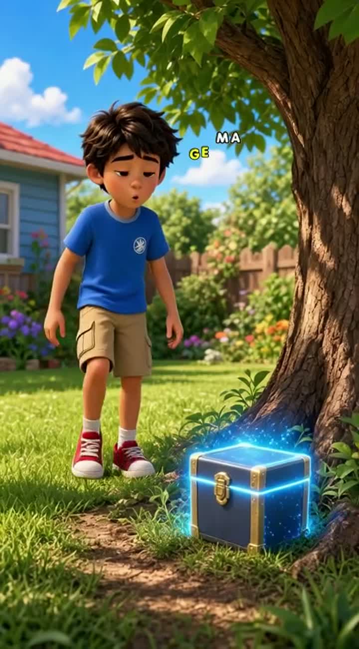 A cute 10-year-old cartoon boy standing in his backyard on a sunny… — AI cartoon