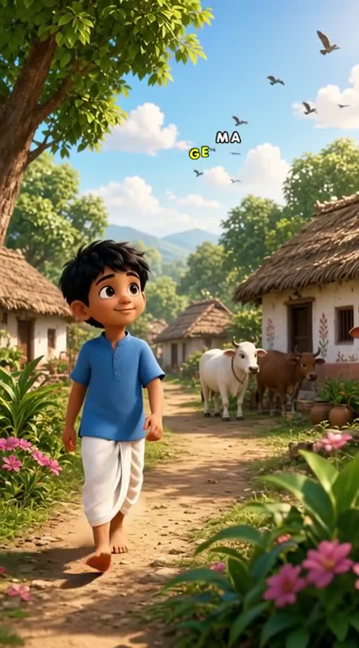 A cute 3D animated Indian village boy wearing a blue shirt… — AI cartoon