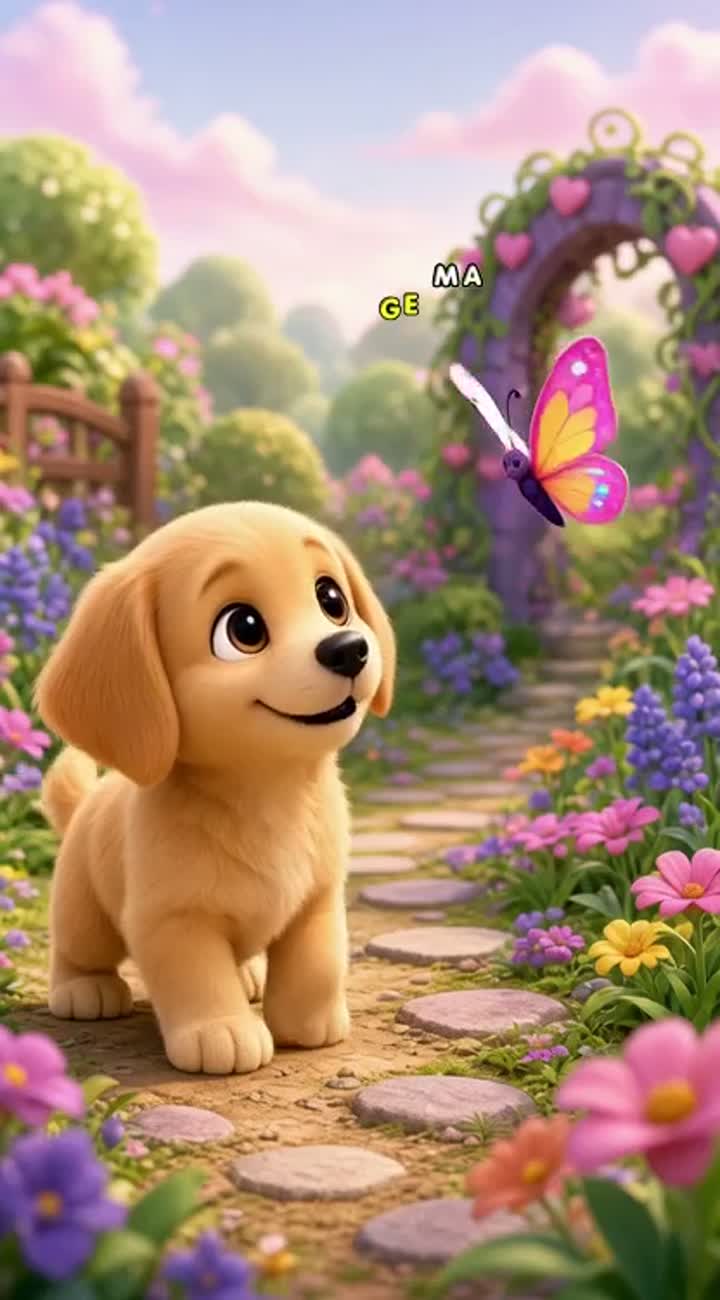 A little puppy sees a beautiful butterfly in a magical garden — AI cartoon