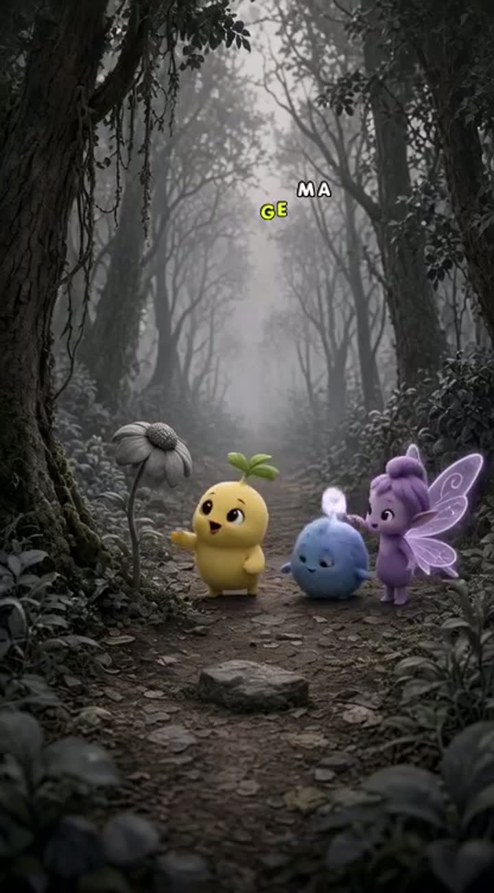 Three cute friends discover that all the colors have disappeared… — AI cartoon
