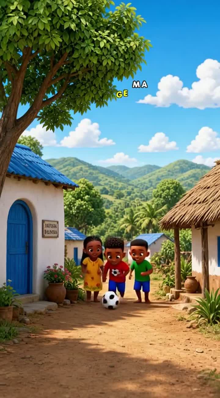 Colorful 3D cartoon of three Somali children playing football… — AI cartoon