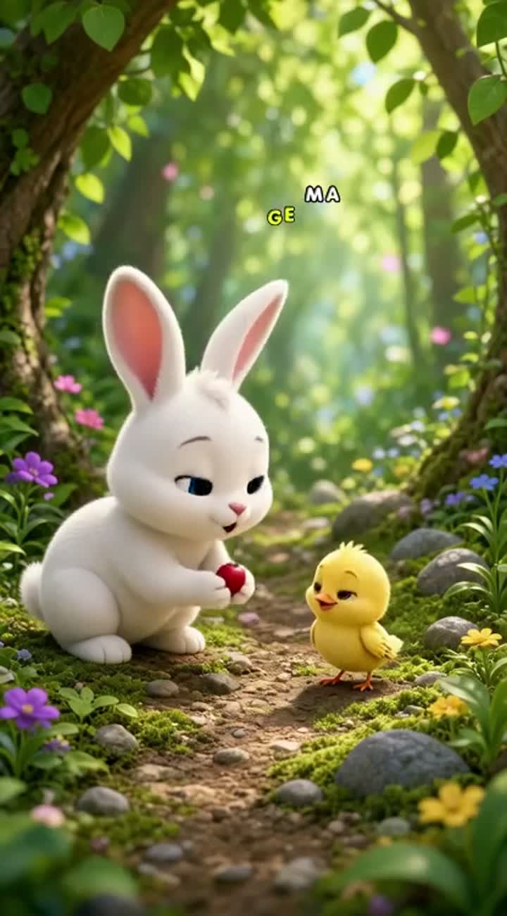 A cute white cartoon rabbit finds a tiny hungry yellow bird… — AI cartoon