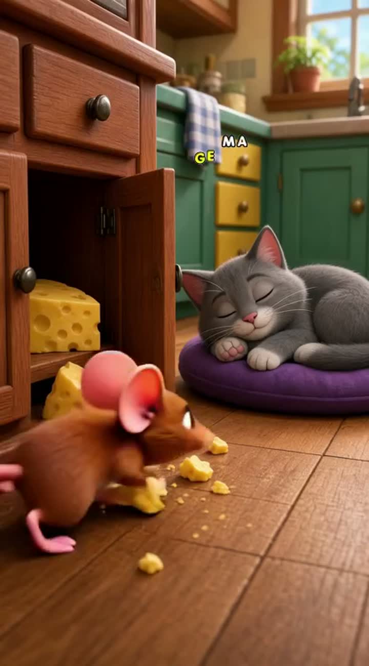 Funny 3D cartoon about a clever little brown mouse stealing cheese… — AI cartoon