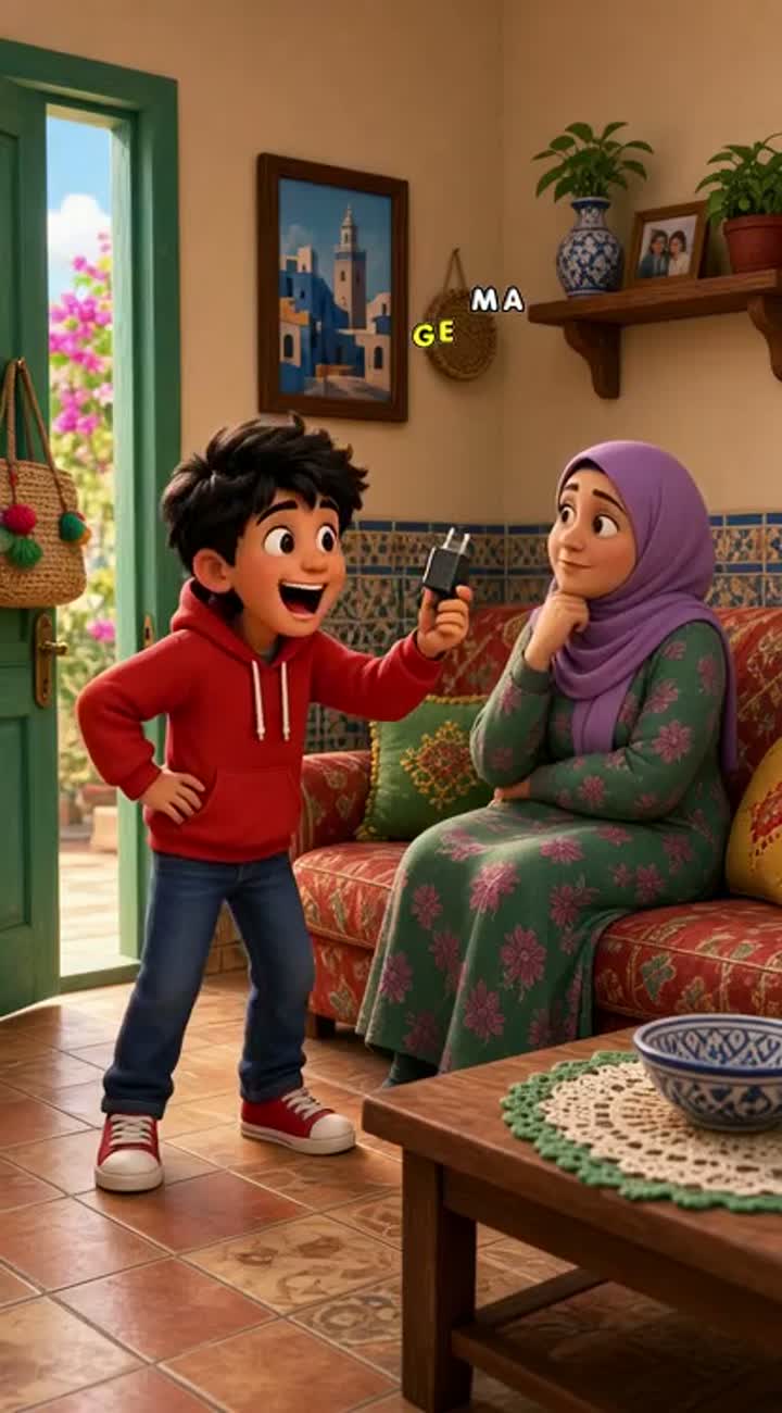 A young boy and his mother in a playful comedic scene — AI cartoon