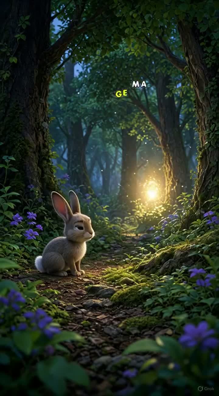 A small rabbit discovers a strange, mysterious light glowing… — AI cartoon