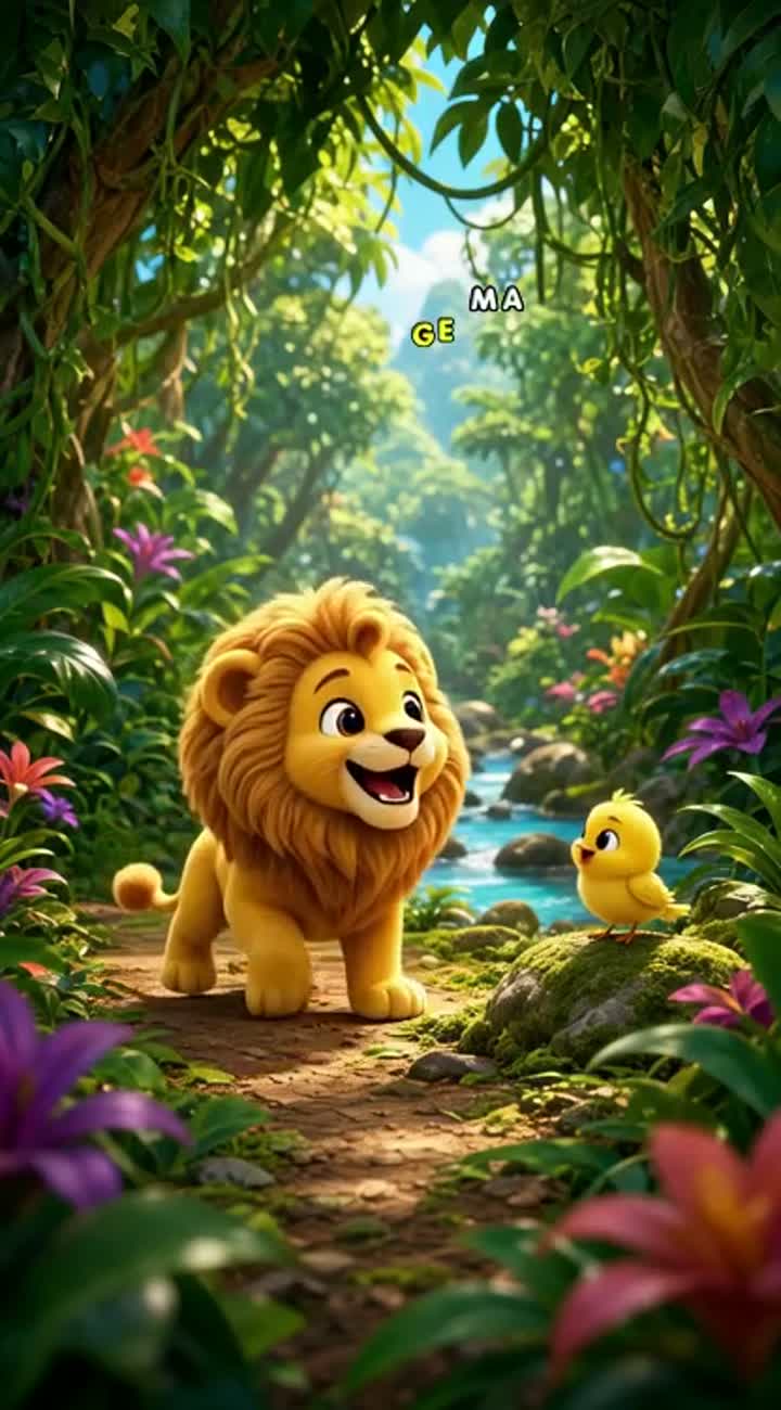 A cute little golden lion named Leo meets a tiny yellow bird… — AI cartoon