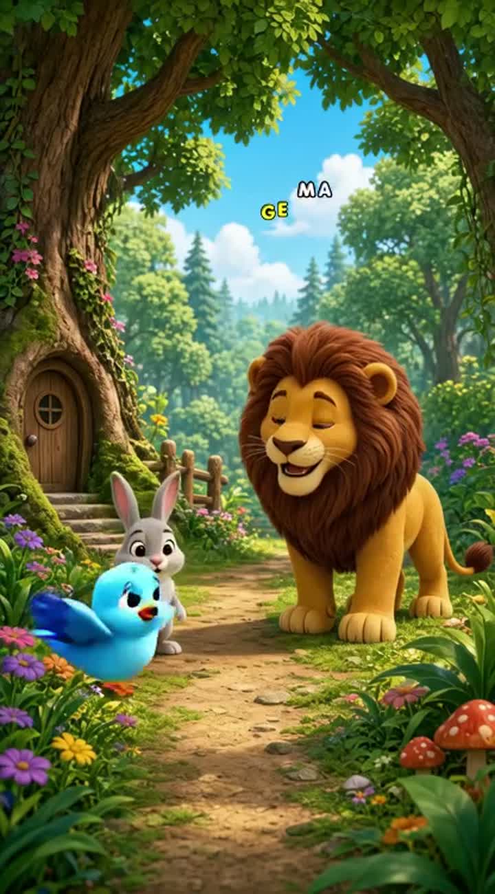 A little rabbit and a friendly lion meet in a forest — AI cartoon