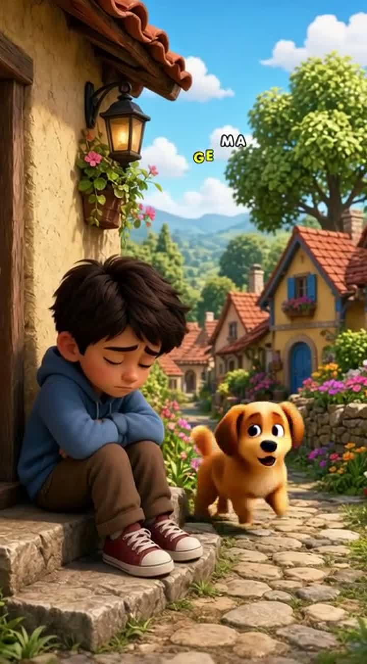 Cute 3D cartoon about a loyal dog who helps a sad little boy — AI cartoon