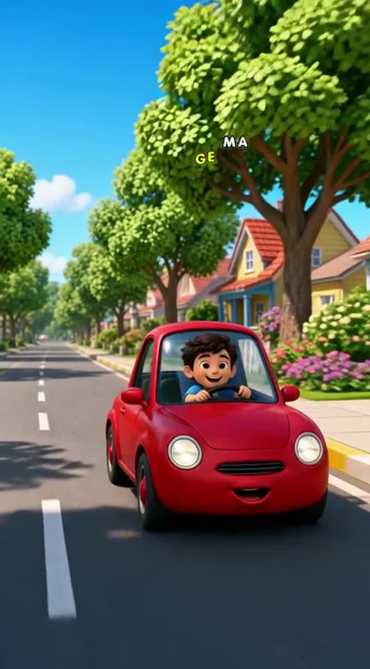 A happy young boy driving a cool red cartoon car on a sunny road… — AI cartoon