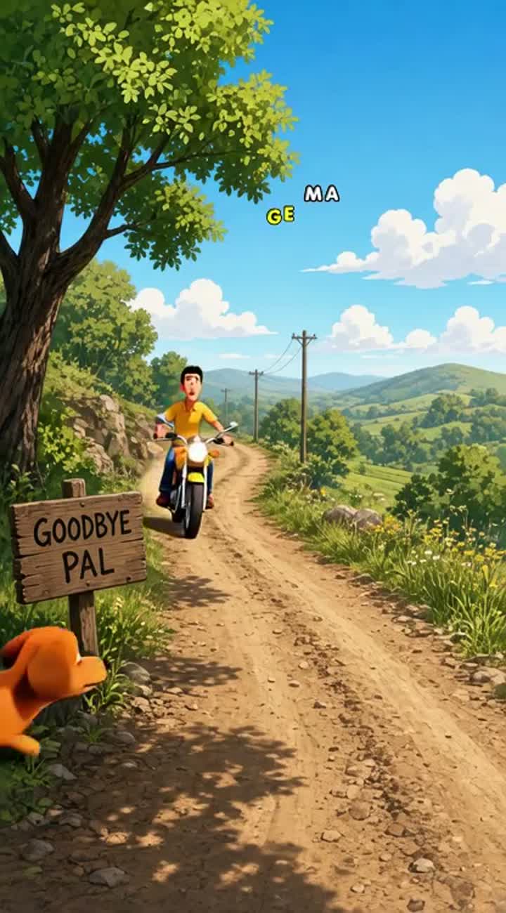 A thin guy in a yellow motorcycle abandones a little brown dog… — AI cartoon