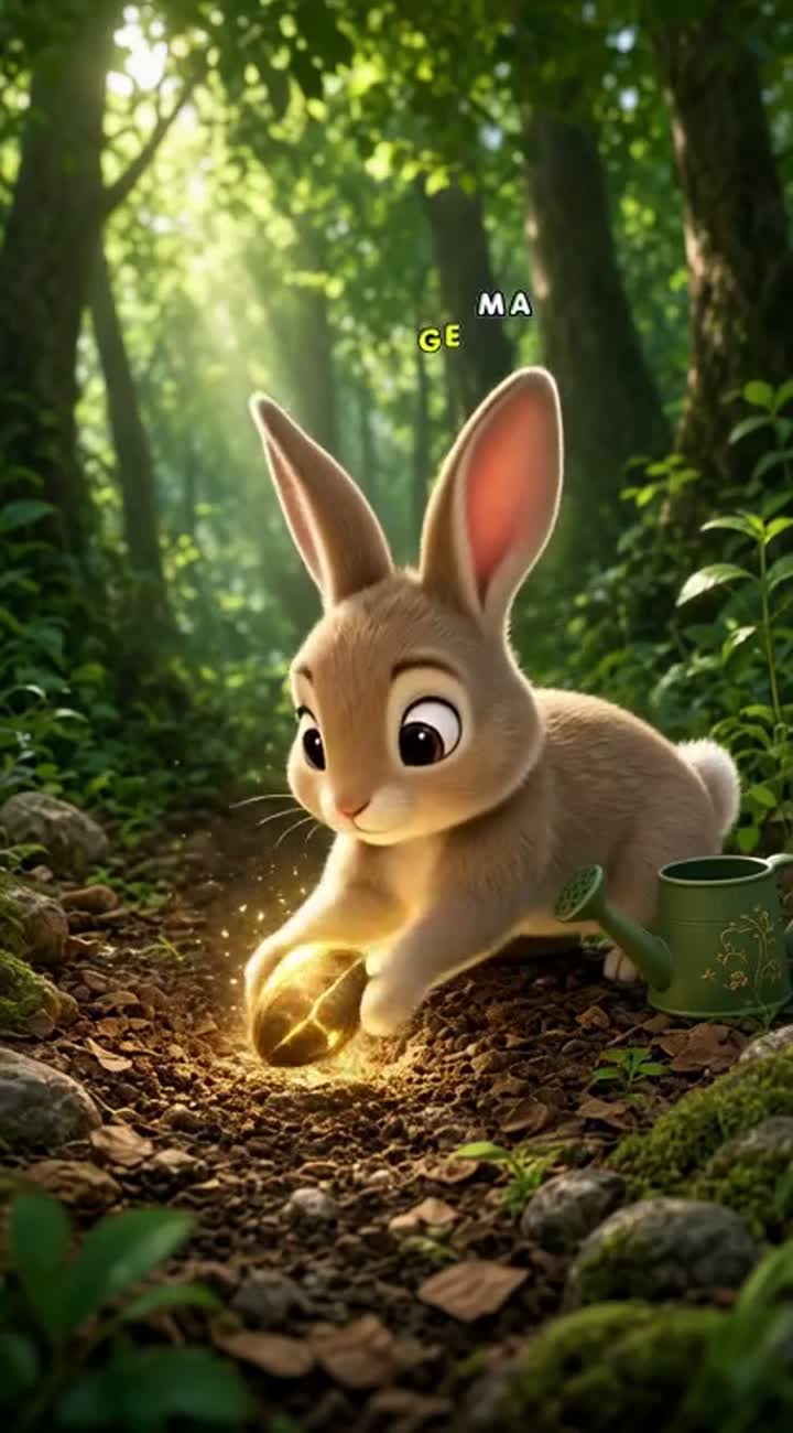 In a lush forest, a small, adorable rabbit discovers a glowing… — AI cartoon