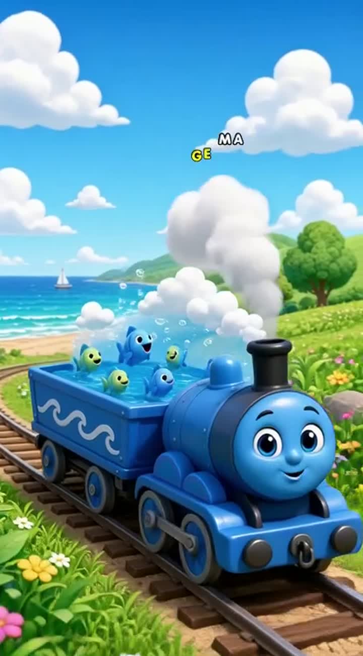 A blue wagon with fish and clouds — AI cartoon