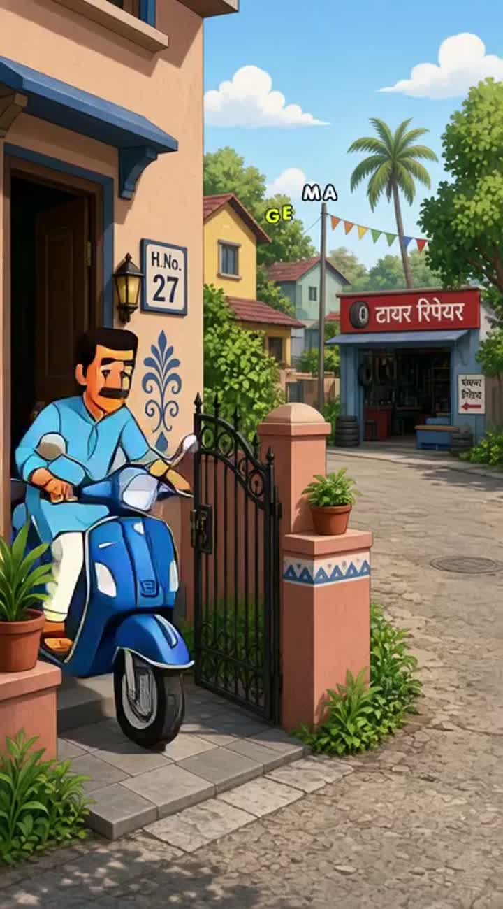 In a single continuous shot, a man leaves his home one morning… — AI cartoon