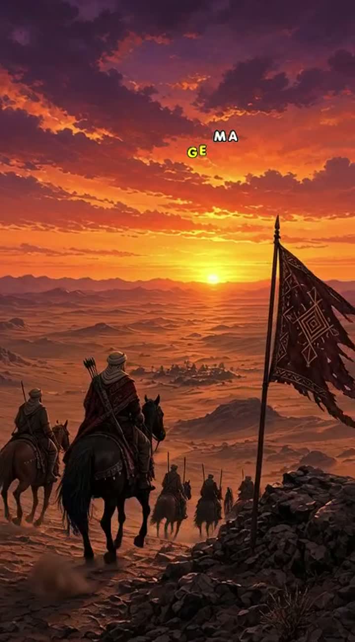 An ancient Arabian desert at sunset, with tribal horsemen riding… — AI cartoon