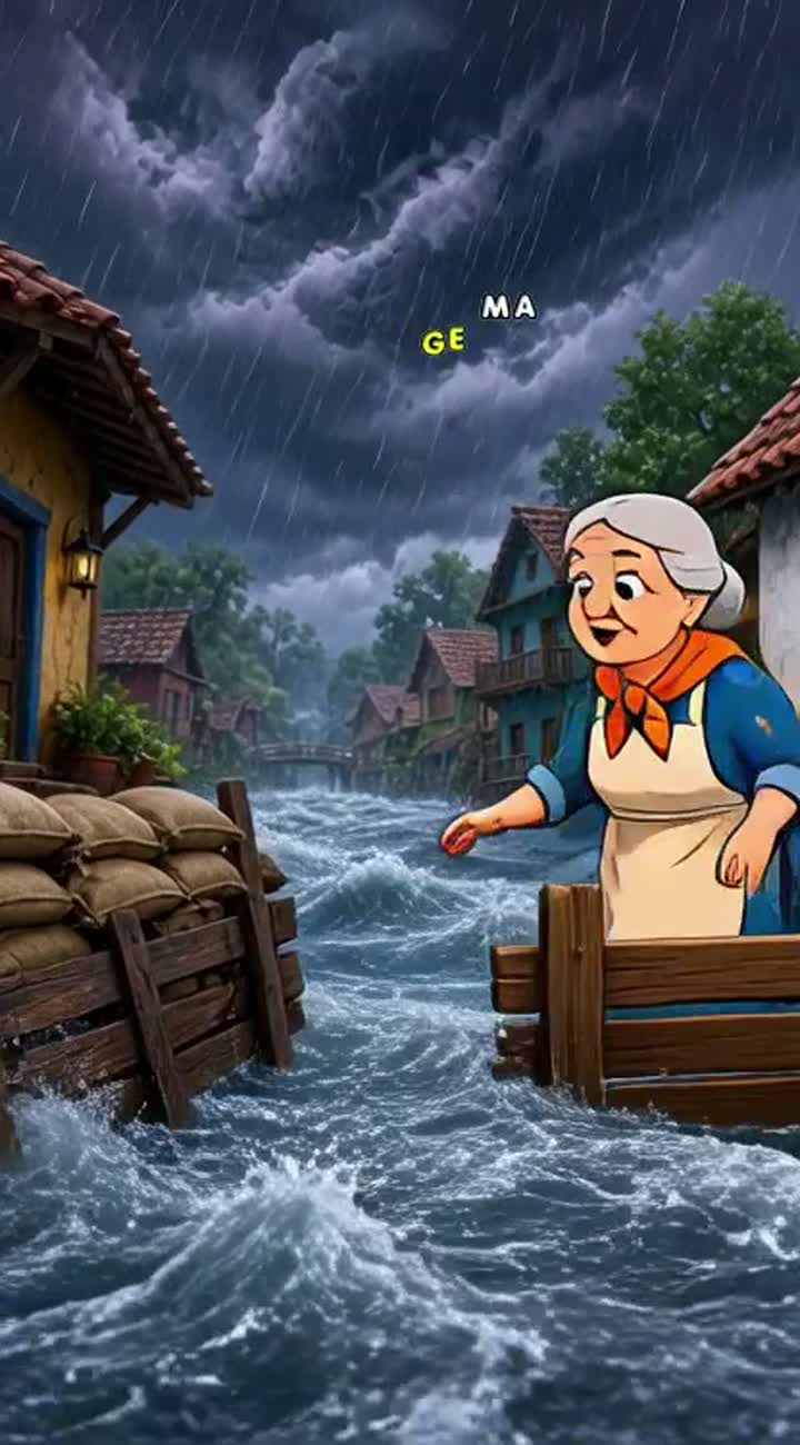 A storm arrives in the village — AI cartoon
