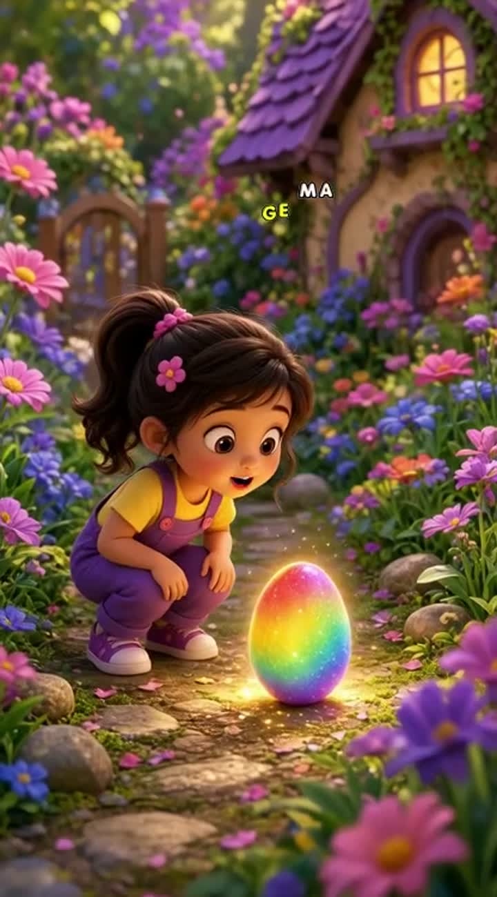 A cute little girl finds a mysterious glowing rainbow egg… — AI cartoon