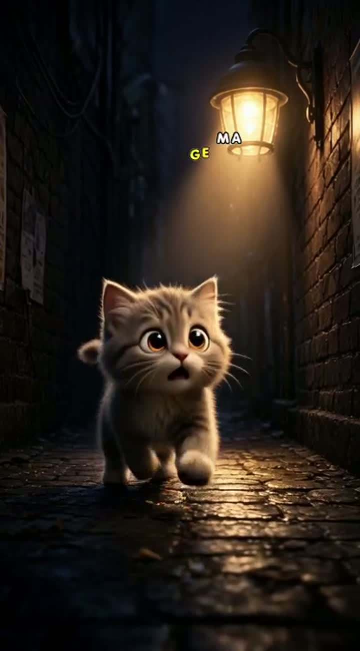 A tiny adorable fluffy kitten runs into a dark narrow alley… — AI cartoon