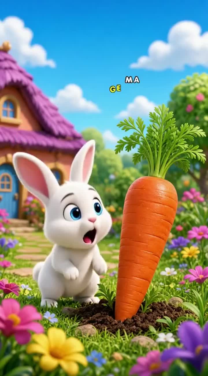 A cute little white bunny with big blue eyes discovers a giant… — AI cartoon