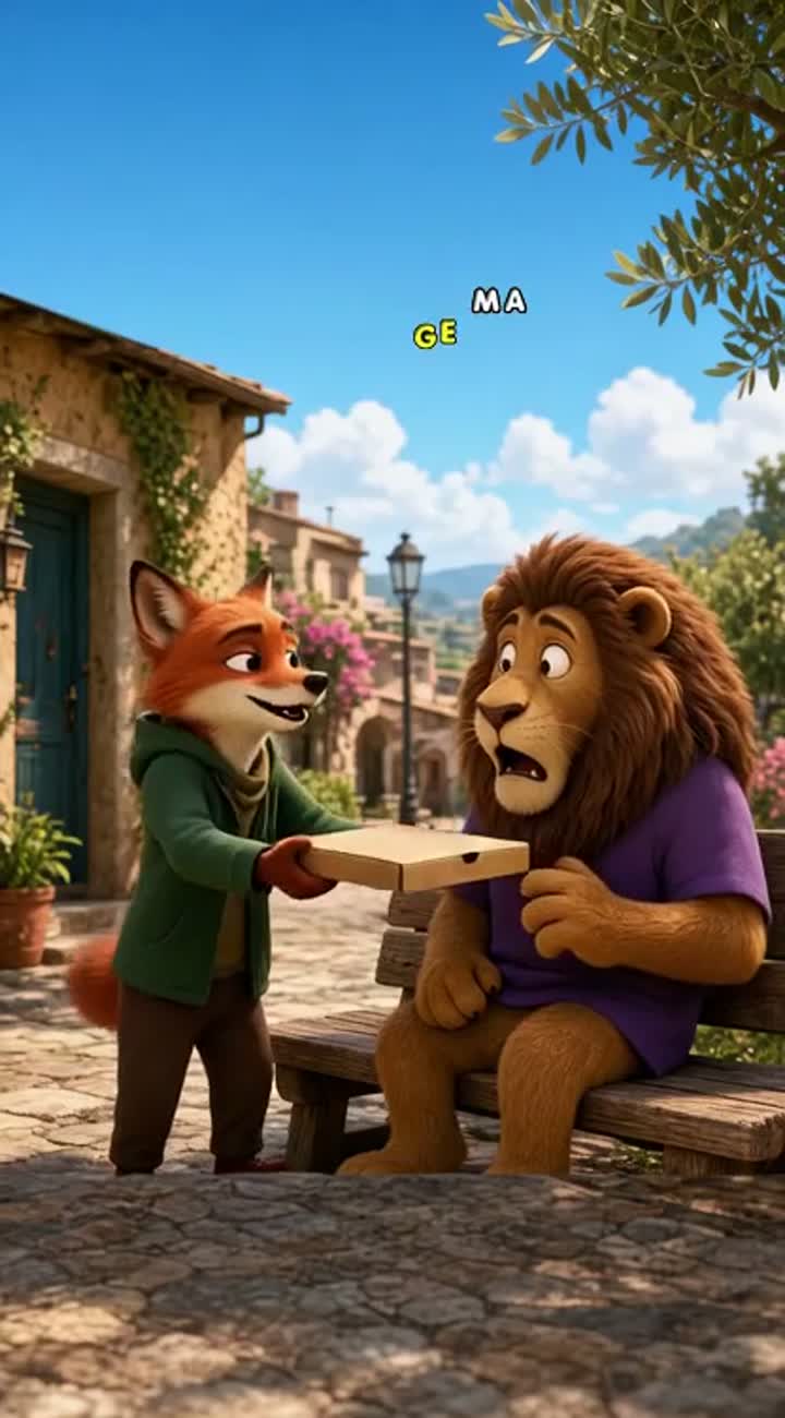 The fox hands the pizza box to the lion — AI cartoon