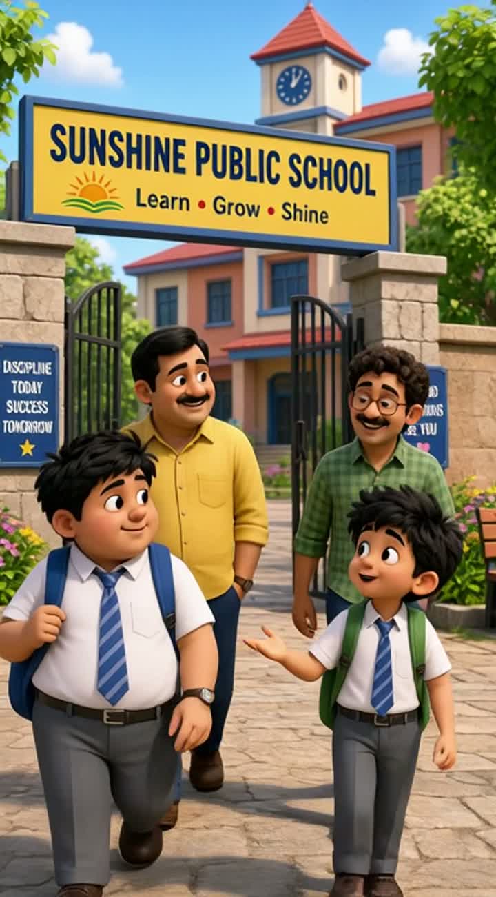 Ullu arrives at school with his father, appearing confident… — AI cartoon