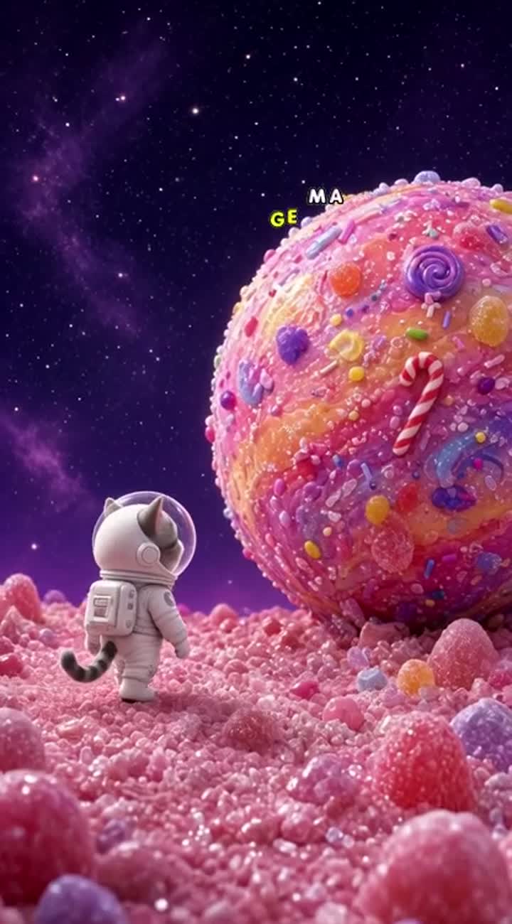 A tiny astronaut cat discovering a candy planet Animated cartoon… — AI cartoon