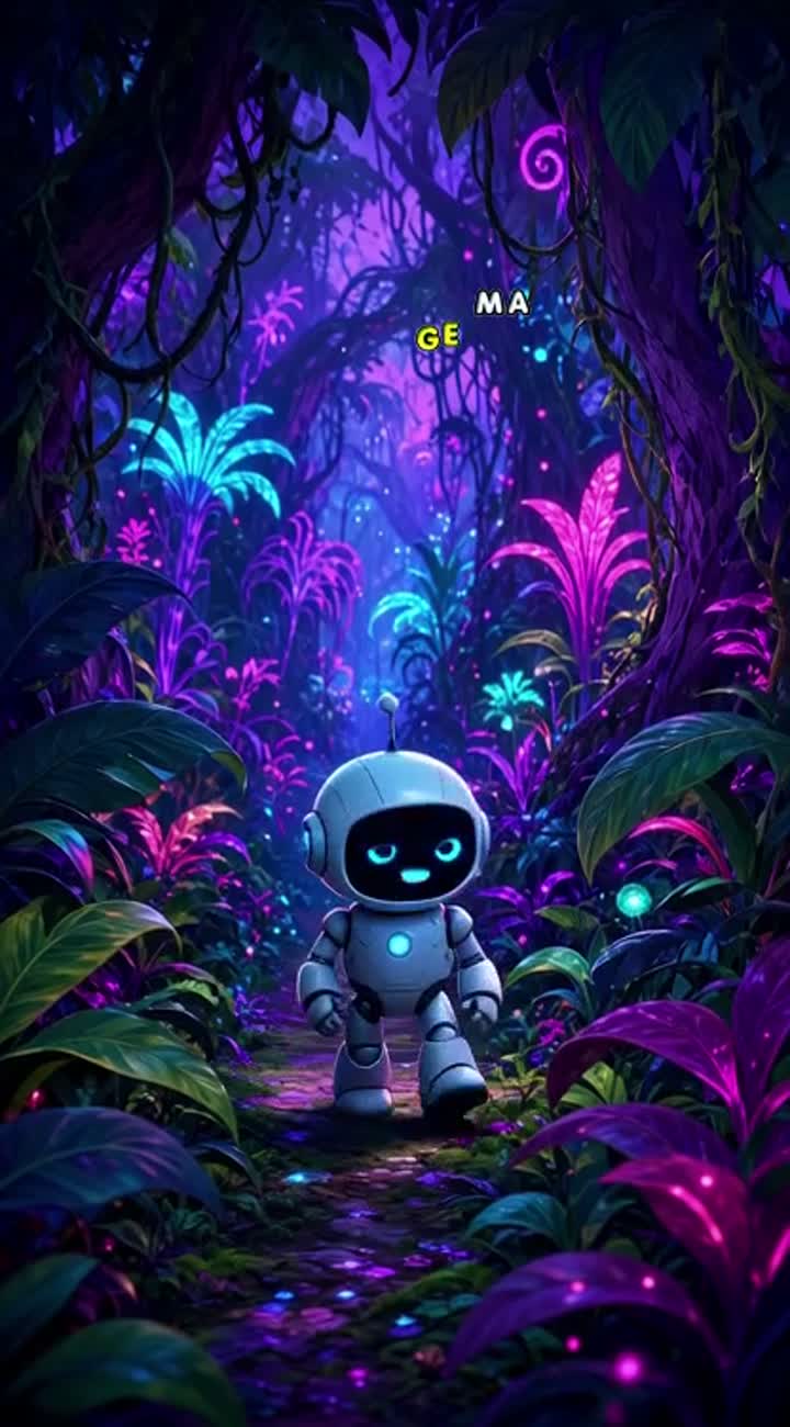 A brave little robot lost in a neon jungle — AI cartoon