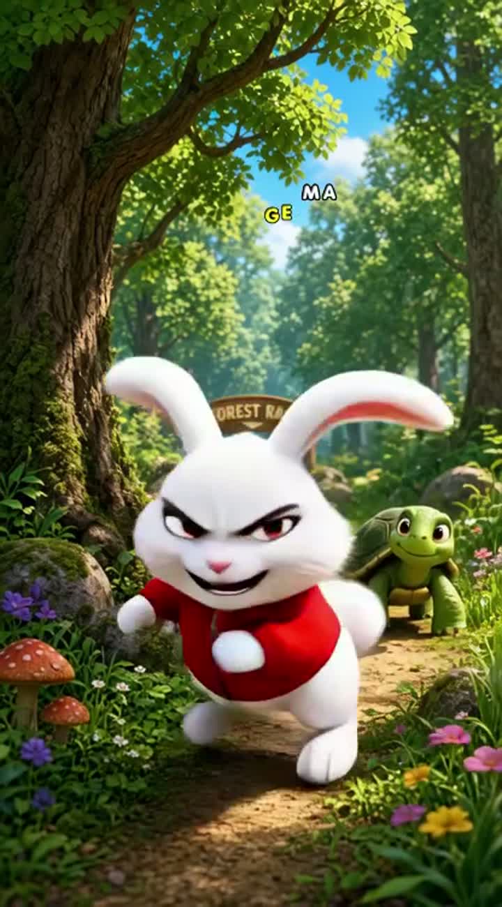 A proud white rabbit wearing a bright red jacket challenges… — AI cartoon