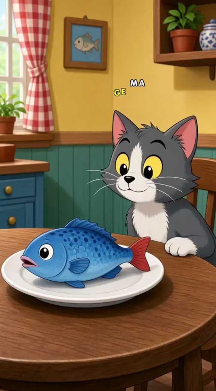A hungry cat sees a delicious fish on a table — AI cartoon