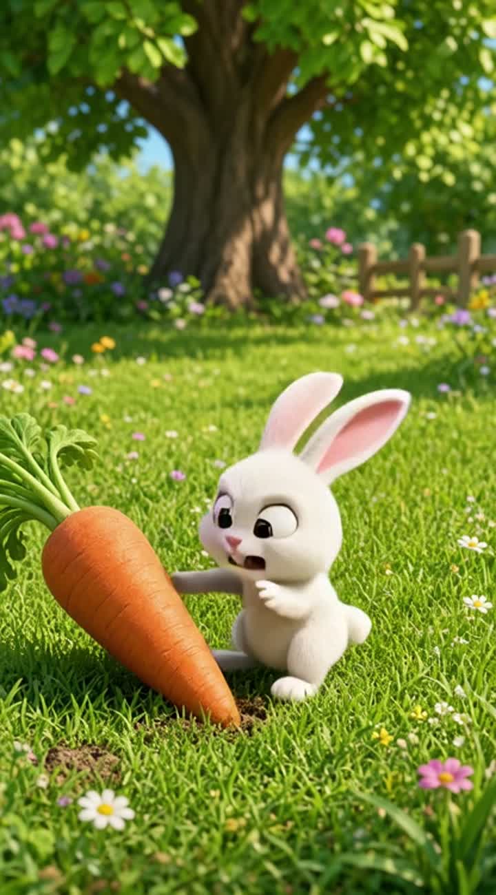 Un coniglietto bianco tira una carota gigante… — AI cartoon