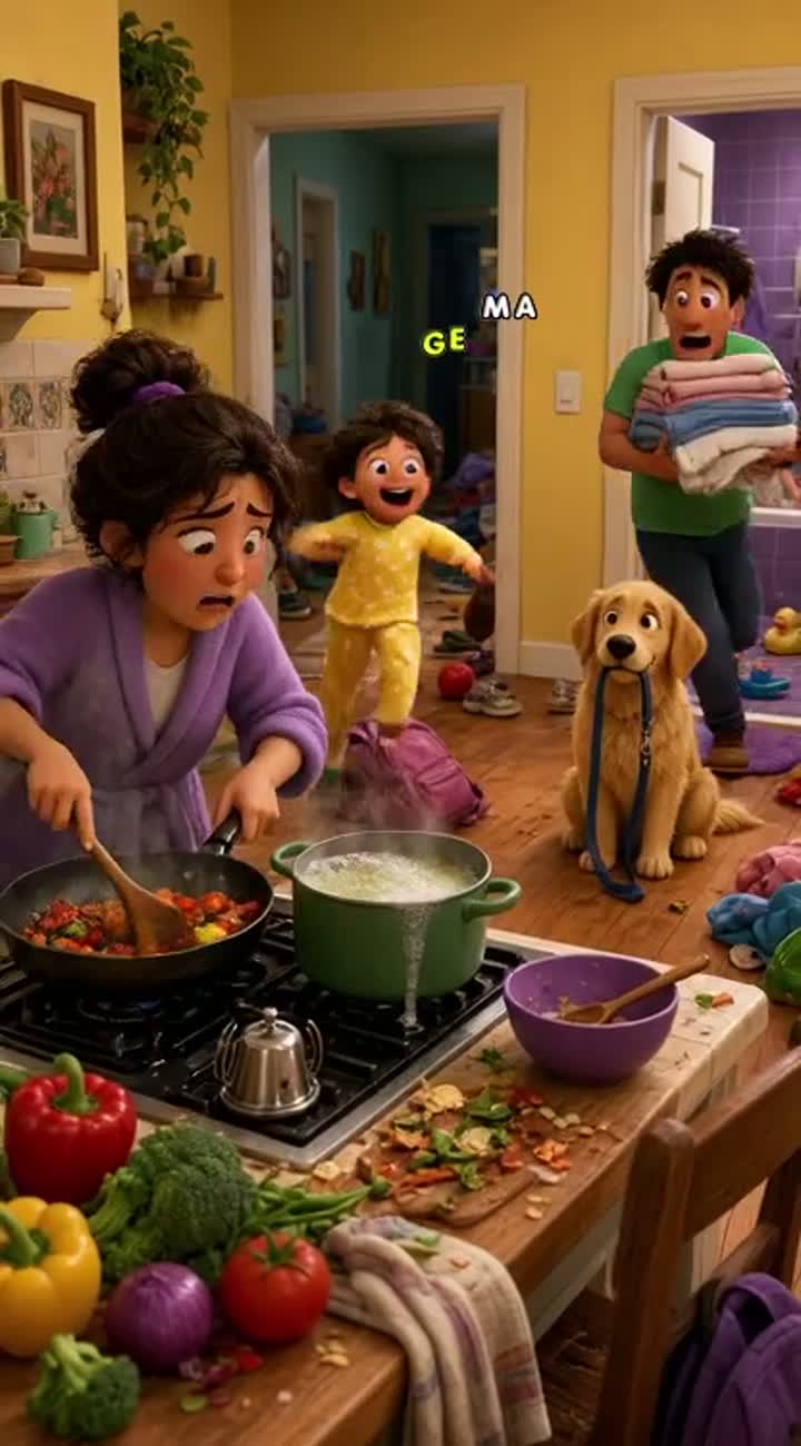 Hilarious, chaotic, high-quality 3D animated family-movie scene… — AI cartoon